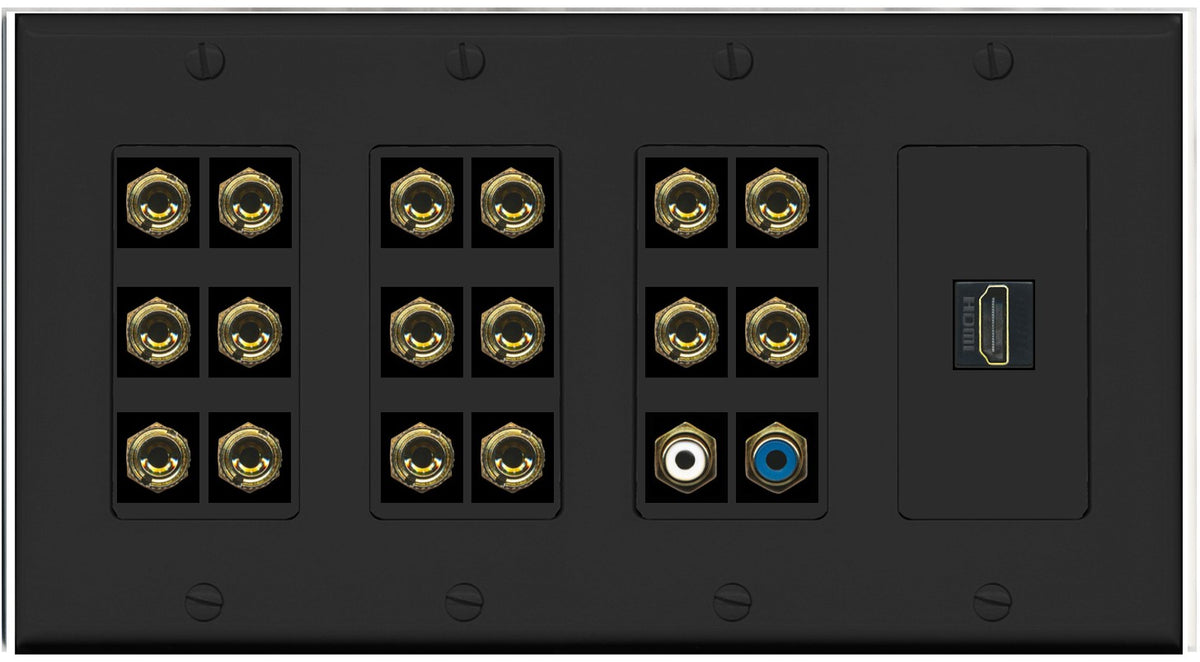 RiteAV 8.2 Surround Sound 8 Speaker 16 Banana Plug Jack Wall Plate w/ 2 RCA Subwoofer + HDMI Female Connectors - 4 Gang [Black]