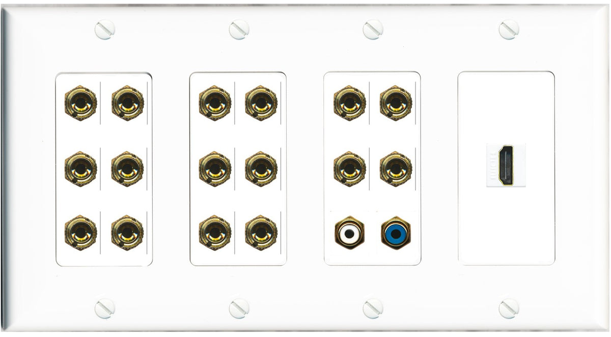 RiteAV 8.2 Surround Sound 8 Speaker 16 Banana Plug Jack Wall Plate w/ 2 RCA Subwoofer + HDMI Female Connectors - 4 Gang [White]