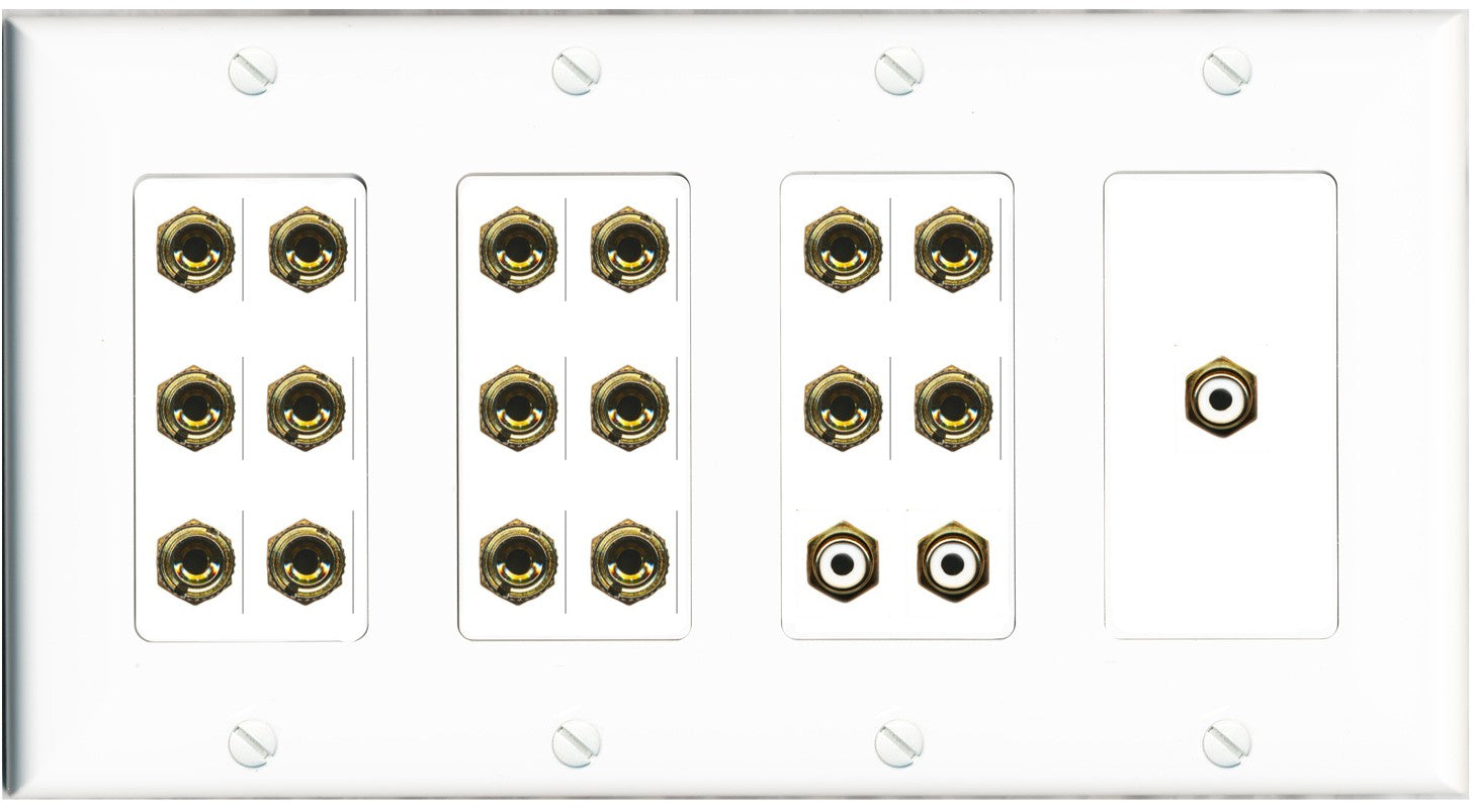 RiteAV 8.3 Surround Sound 8 Speaker 16 Banana Plug Jack Wall Plate w/3 RCA Subwoofer Female Connectors - 4 Gang [White]