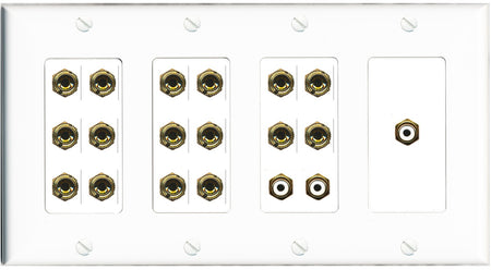 RiteAV 8.3 Surround Sound 8 Speaker 16 Banana Plug Jack Wall Plate w/3 RCA Subwoofer Female Connectors - 4 Gang [White]