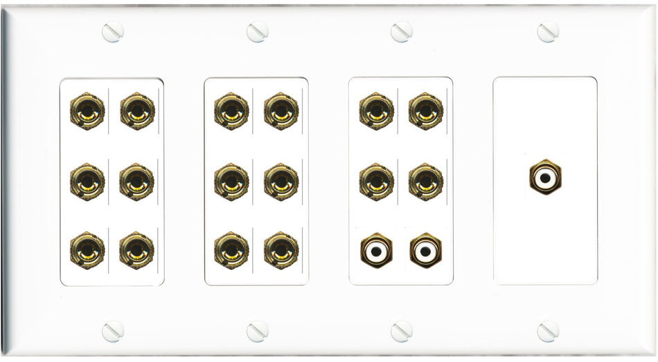 RiteAV 8.3 Surround Sound 8 Speaker 16 Banana Plug Jack Wall Plate w/3 RCA Subwoofer Female Connectors - 4 Gang [White]