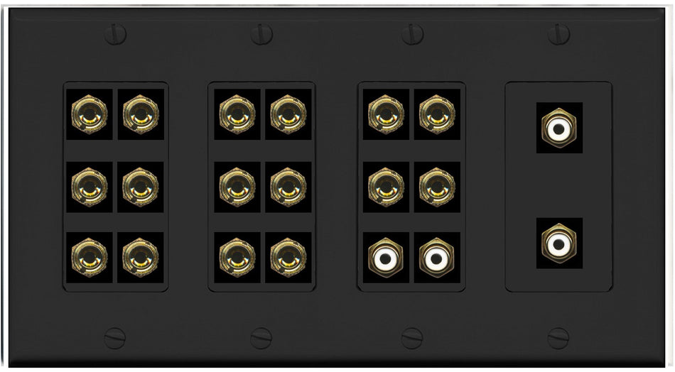 RiteAV 8.4 Surround Sound 8 Speaker 16 Banana Plug Jack Wall Plate w/4 RCA Subwoofer Female Connectors - 4 Gang [Black]