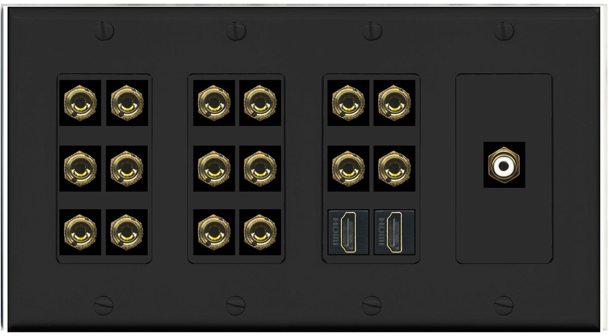 RiteAV 8.1 Surround Sound 8 Speaker 16 Banana Plug Jack Wall Plate w/RCA Subwoofer + 2 HDMI Female Connectors - 4 Gang [Black]