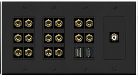 RiteAV 8.1 Surround Sound 8 Speaker 16 Banana Plug Jack Wall Plate w/RCA Subwoofer + 2 HDMI Female Connectors - 4 Gang [Black]
