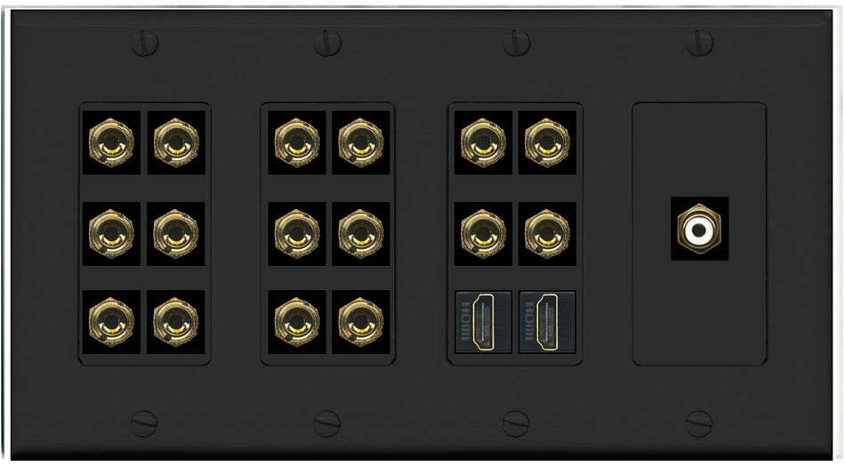RiteAV 8.1 Surround Sound 8 Speaker 16 Banana Plug Jack Wall Plate w/RCA Subwoofer + 2 HDMI Female Connectors - 4 Gang [Black]