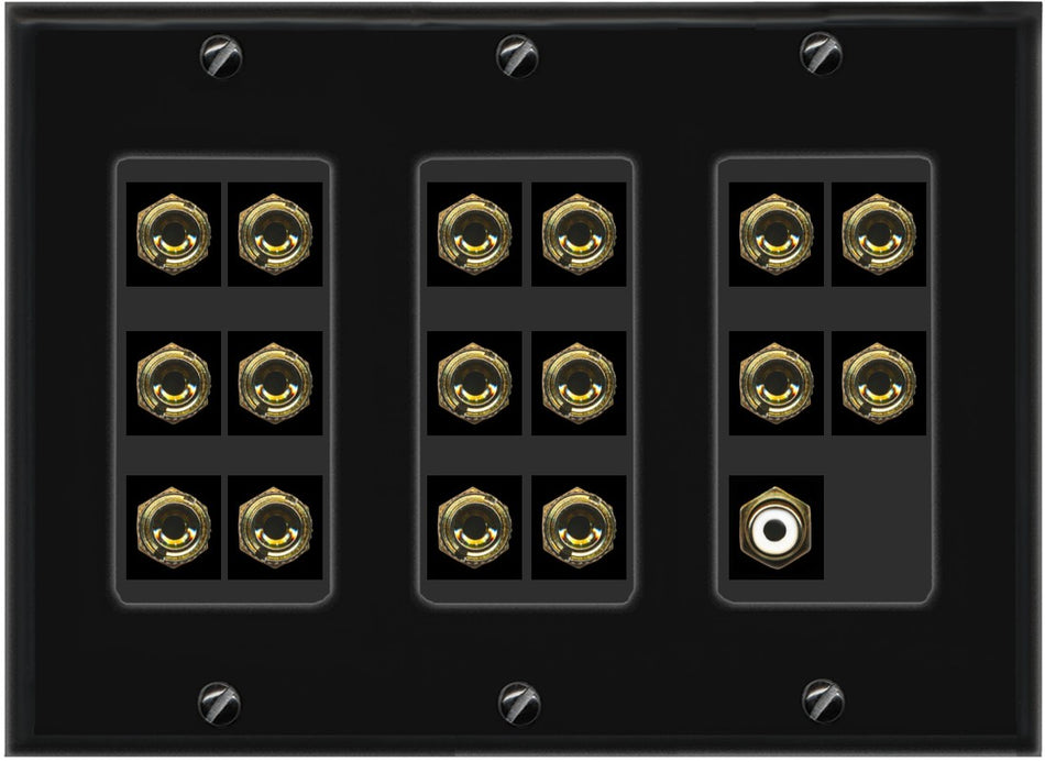 RiteAV 8.1 Surround Sound 8 Speaker 16 Banana Plug Jack Wall Plate w/RCA Subwoofer Female Connector - 3 Gang [Black]