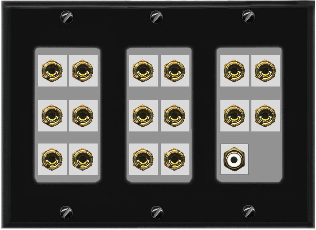 RiteAV 8.1 Surround Sound 8 Speaker 16 Banana Plug Jack Wall Plate w/RCA Subwoofer Female Connector - 3 Gang [Black/Gray]