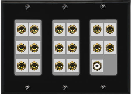 RiteAV 8.1 Surround Sound 8 Speaker 16 Banana Plug Jack Wall Plate w/RCA Subwoofer Female Connector - 3 Gang [Black/Gray]