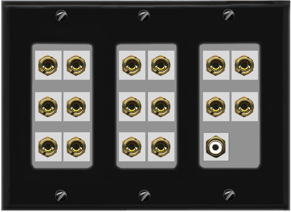 RiteAV 8.1 Surround Sound 8 Speaker 16 Banana Plug Jack Wall Plate w/RCA Subwoofer Female Connector - 3 Gang [Black/Gray]