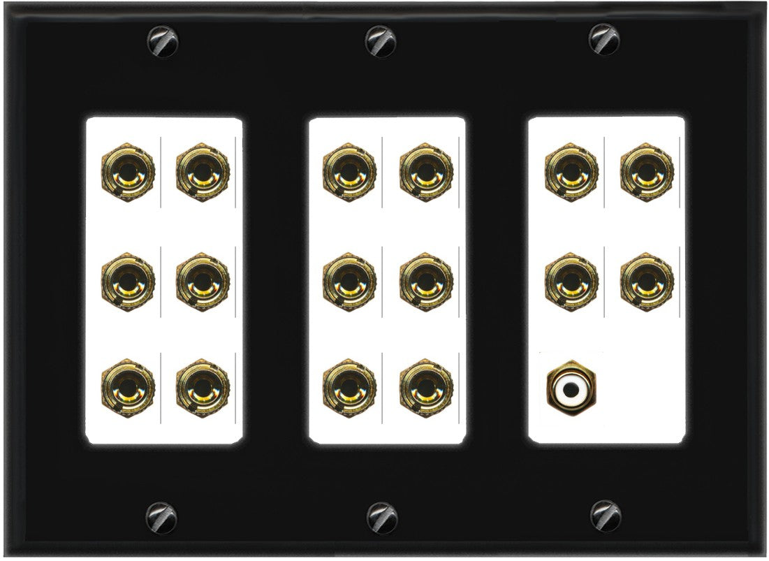 RiteAV 8.1 Surround Sound 8 Speaker 16 Banana Plug Jack Wall Plate w/RCA Subwoofer Female Connector - 3 Gang [Black/White]