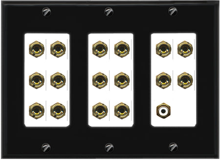RiteAV 8.1 Surround Sound 8 Speaker 16 Banana Plug Jack Wall Plate w/RCA Subwoofer Female Connector - 3 Gang [Black/White]