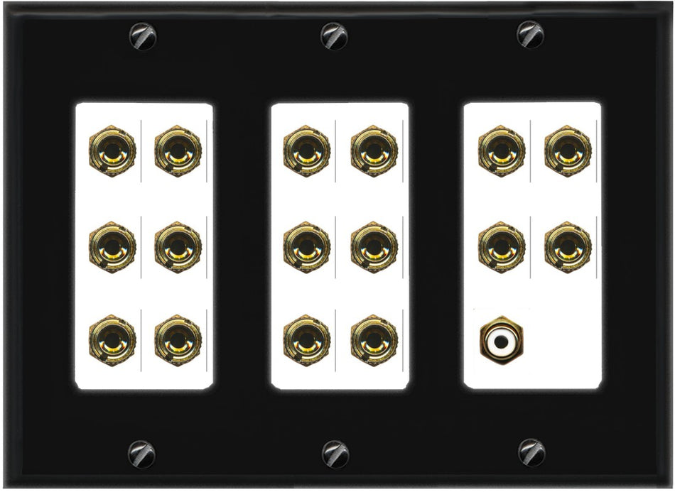 RiteAV 8.1 Surround Sound 8 Speaker 16 Banana Plug Jack Wall Plate w/RCA Subwoofer Female Connector - 3 Gang [Black/White]
