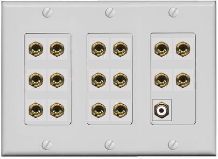 RiteAV 8.1 Surround Sound 8 Speaker 16 Banana Plug Jack Wall Plate w/RCA Subwoofer Female Connector - 3 Gang [Gray]
