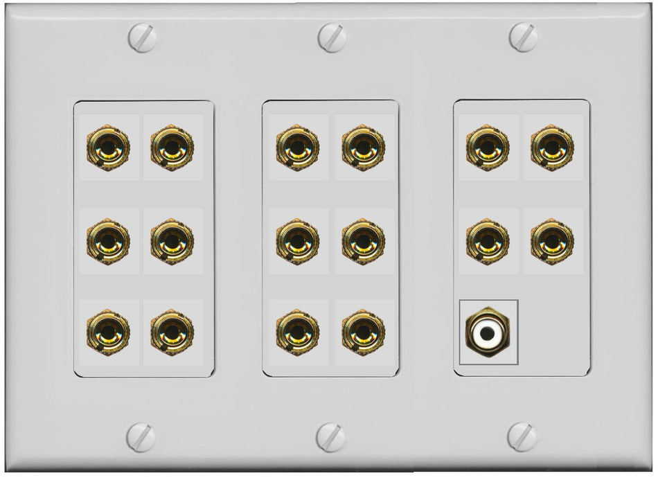 RiteAV 8.1 Surround Sound 8 Speaker 16 Banana Plug Jack Wall Plate w/RCA Subwoofer Female Connector - 3 Gang [Gray]
