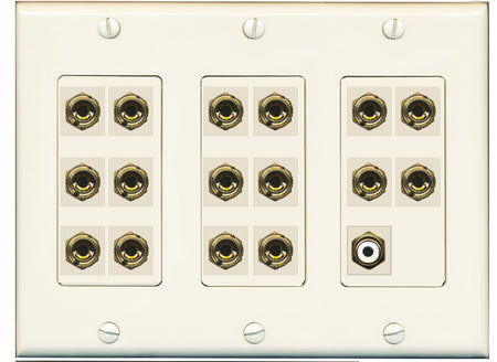 RiteAV 8.1 Surround Sound 8 Speaker 16 Banana Plug Jack Wall Plate w/RCA Subwoofer Female Connector - 3 Gang [Light Almond]