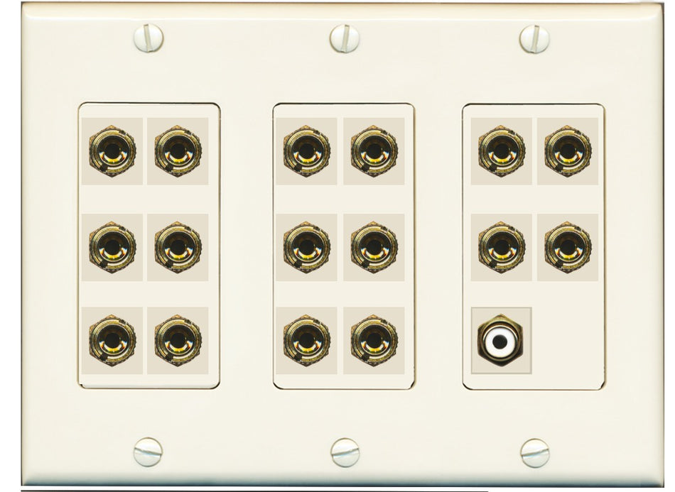 RiteAV 8.1 Surround Sound 8 Speaker 16 Banana Plug Jack Wall Plate w/RCA Subwoofer Female Connector - 3 Gang [Light Almond]