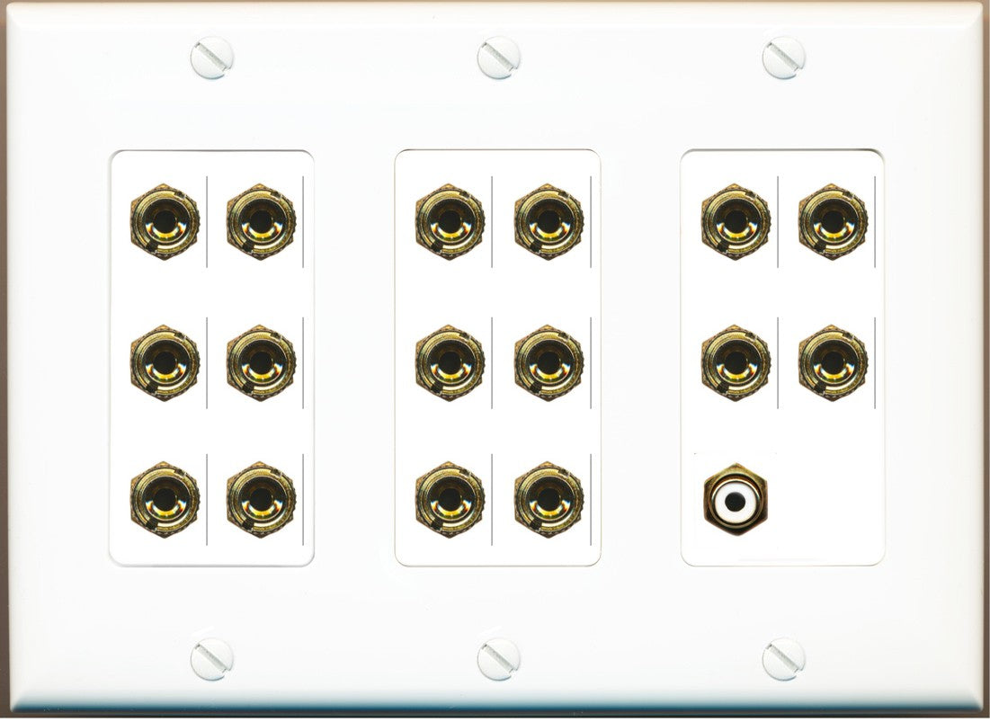 RiteAV 8.1 Surround Sound 8 Speaker 16 Banana Plug Jack Wall Plate w/RCA Subwoofer Female Connector - 3 Gang [White]