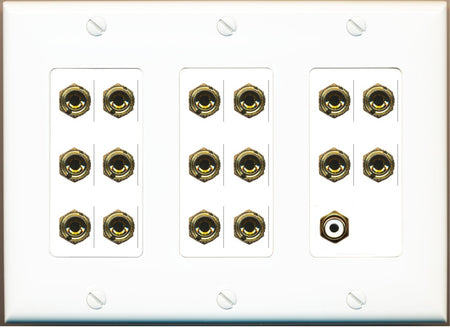 RiteAV 8.1 Surround Sound 8 Speaker 16 Banana Plug Jack Wall Plate w/RCA Subwoofer Female Connector - 3 Gang [White]