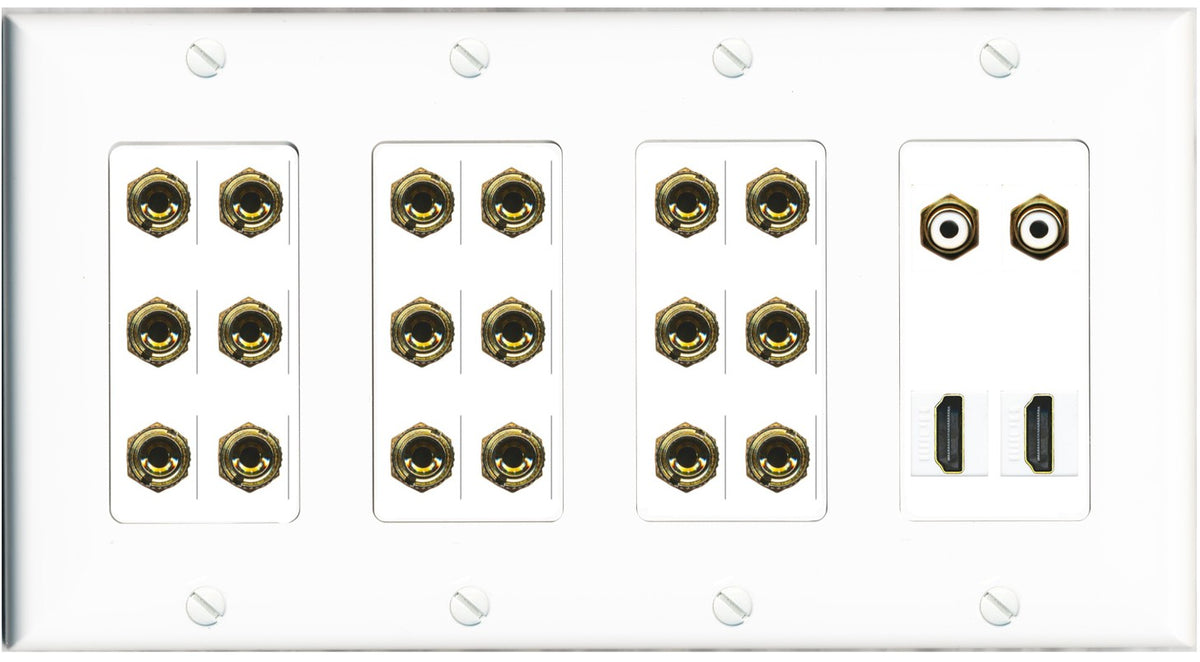 RiteAV 9.2 Surround Sound 9 Speaker 18 Banana Plug Jack Wall Plate w/ 2 RCA Subwoofer + 2 HDMI Female Connectors - 4 Gang [White]
