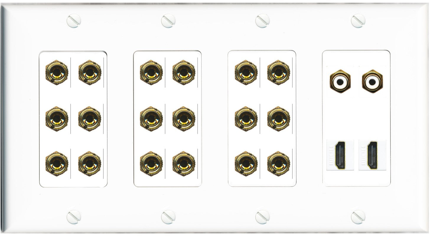 RiteAV 9.2 Surround Sound 9 Speaker 18 Banana Plug Jack Wall Plate w/ 2 RCA Subwoofer + 2 HDMI Female Connectors - 4 Gang [White]