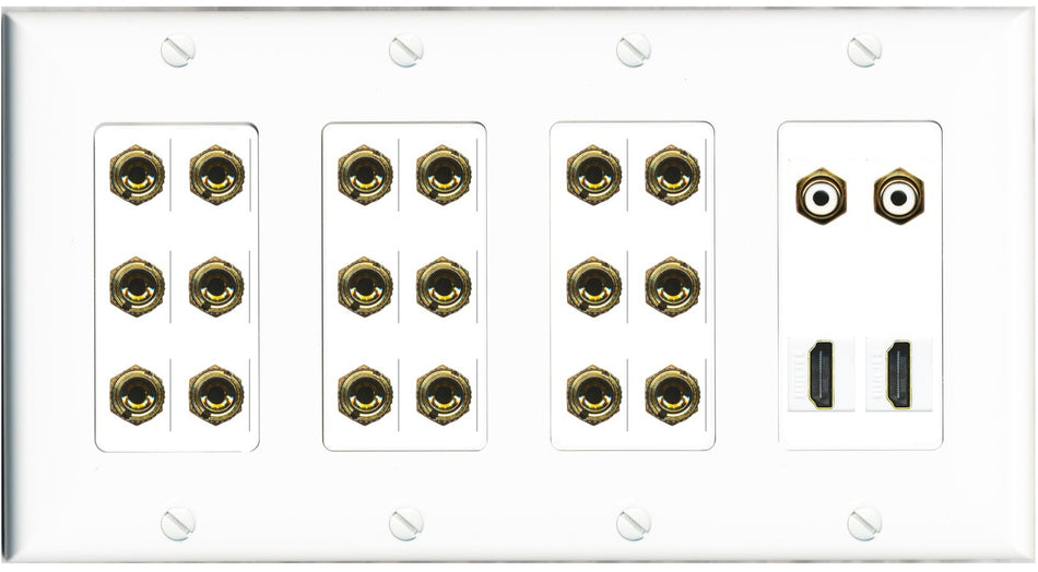 RiteAV 9.2 Surround Sound 9 Speaker 18 Banana Plug Jack Wall Plate w/ 2 RCA Subwoofer + 2 HDMI Female Connectors - 4 Gang [White]