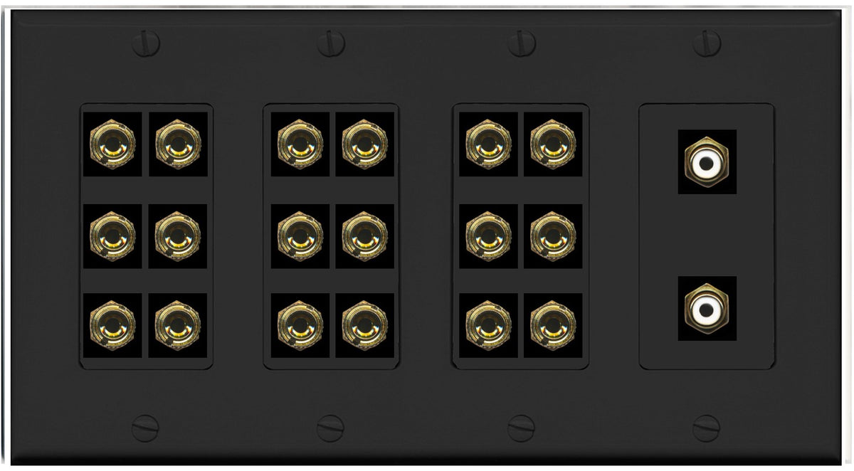 RiteAV 9.2 Surround Sound 9 Speaker 18 Banana Plug Jack Wall Plate w/2 RCA Subwoofer Female Connectors - 4 Gang [Black]