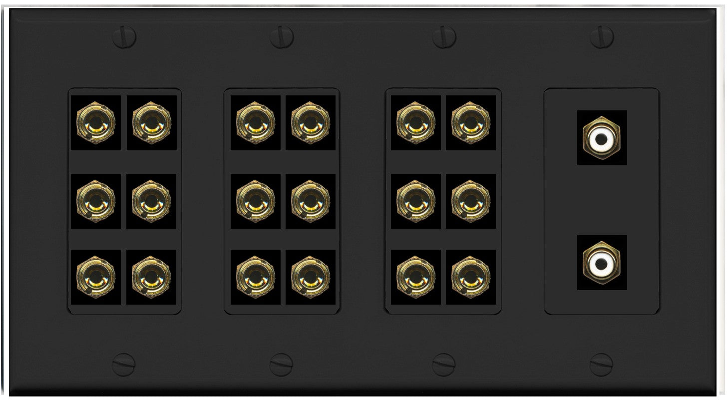 RiteAV 9.2 Surround Sound 9 Speaker 18 Banana Plug Jack Wall Plate w/2 RCA Subwoofer Female Connectors - 4 Gang [Black]