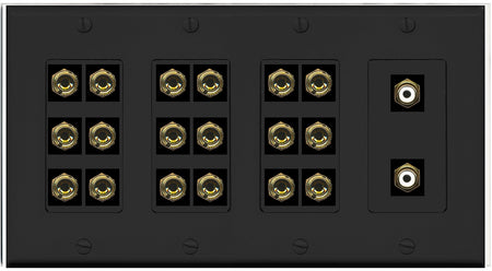 RiteAV 9.2 Surround Sound 9 Speaker 18 Banana Plug Jack Wall Plate w/2 RCA Subwoofer Female Connectors - 4 Gang [Black]
