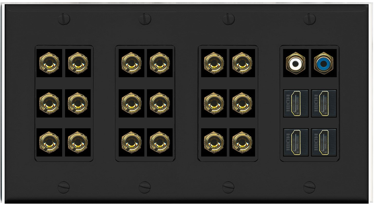 RiteAV 9.2 Surround Sound 9 Speaker 18 Banana Plug Jack Wall Plate w/ 2 RCA Subwoofer + 4 HDMI Female Connectors - 4 Gang [Black]
