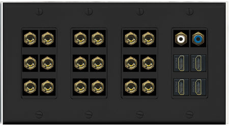 RiteAV 9.2 Surround Sound 9 Speaker 18 Banana Plug Jack Wall Plate w/ 2 RCA Subwoofer + 4 HDMI Female Connectors - 4 Gang [Black]
