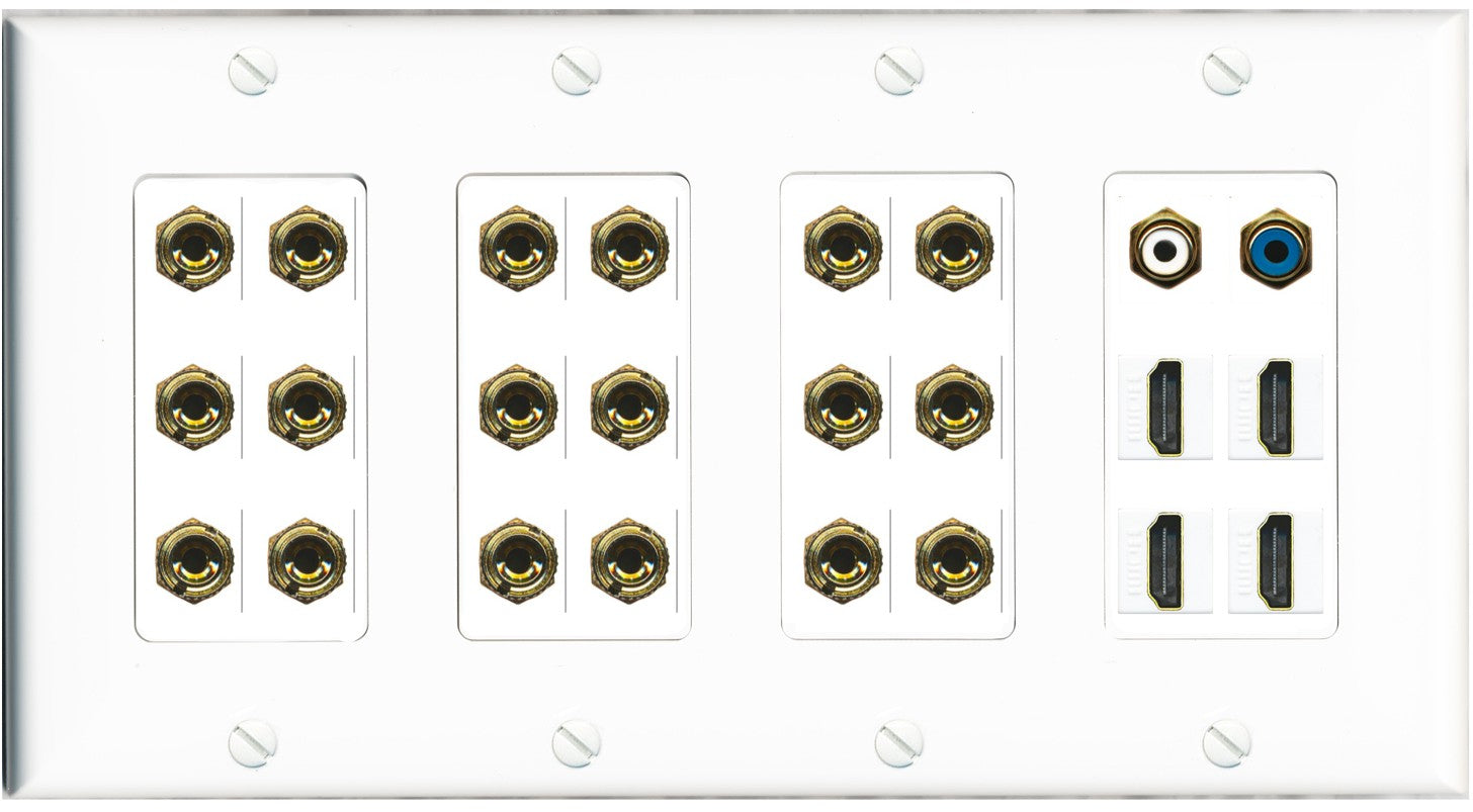RiteAV 9.2 Surround Sound 9 Speaker 18 Banana Plug Jack Wall Plate w/ 2 RCA Subwoofer + 4 HDMI Female Connectors - 4 Gang [White]