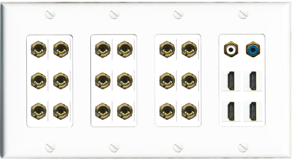 RiteAV 9.2 Surround Sound 9 Speaker 18 Banana Plug Jack Wall Plate w/ 2 RCA Subwoofer + 4 HDMI Female Connectors - 4 Gang [White]