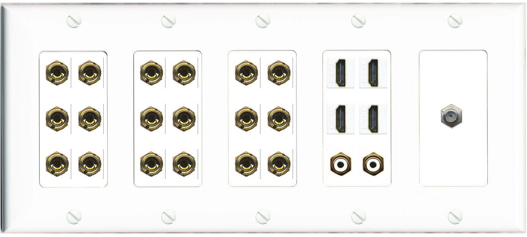 RiteAV 9.2 Surround Sound 9 Speaker 18 Banana Plug Jack Wall Plate w/ 2 RCA Subwoofer + 4 HDMI Coax Jacks - 5 Gang [White]