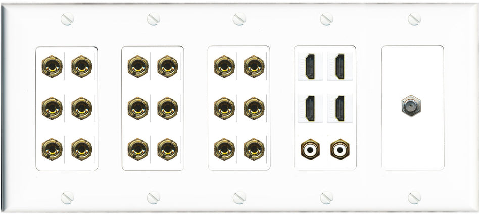 RiteAV 9.2 Surround Sound 9 Speaker 18 Banana Plug Jack Wall Plate w/ 2 RCA Subwoofer + 4 HDMI Coax Jacks - 5 Gang [White]