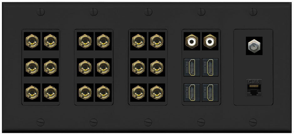 RiteAV 9.2 Surround Sound 9 Speaker 18 Banana Plug Jack Wall Plate w/ 2 RCA Subwoofer + 4 HDMI Coax Cat6 Jacks - 5 Gang [Black]