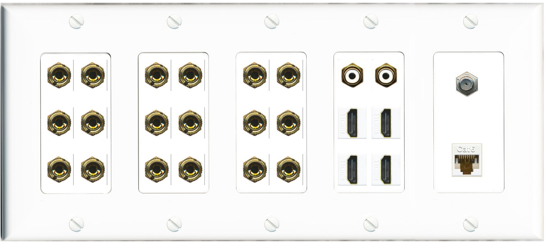 RiteAV 9.2 Surround Sound 9 Speaker 18 Banana Plug Jack Wall Plate w/ 2 RCA Subwoofer + 4 HDMI Coax Cat6 Jacks - 5 Gang [White]