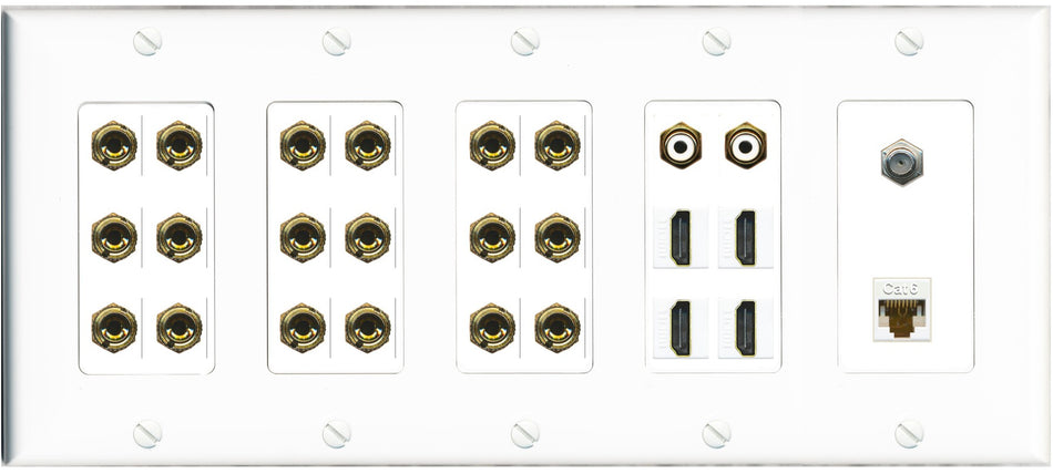 RiteAV 9.2 Surround Sound 9 Speaker 18 Banana Plug Jack Wall Plate w/ 2 RCA Subwoofer + 4 HDMI Coax Cat6 Jacks - 5 Gang [White]