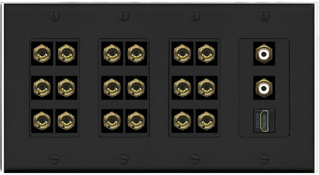 RiteAV 9.2 Surround Sound 9 Speaker 18 Banana Plug Jack Wall Plate w/ 2 RCA Subwoofer + HDMI Female Connectors - 4 Gang [Black]