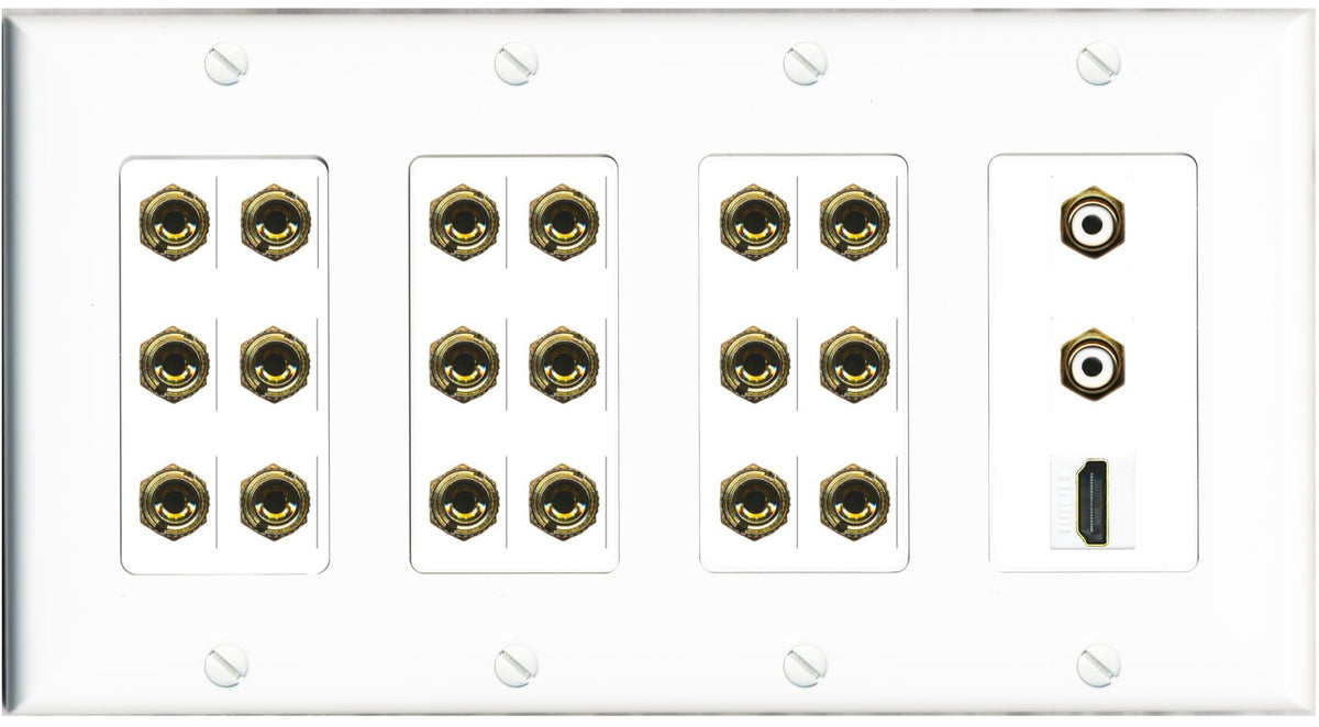 RiteAV 9.2 Surround Sound 9 Speaker 18 Banana Plug Jack Wall Plate w/ 2 RCA Subwoofer + HDMI Female Connectors - 4 Gang [White]