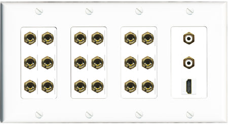 RiteAV 9.2 Surround Sound 9 Speaker 18 Banana Plug Jack Wall Plate w/ 2 RCA Subwoofer + HDMI Female Connectors - 4 Gang [White]