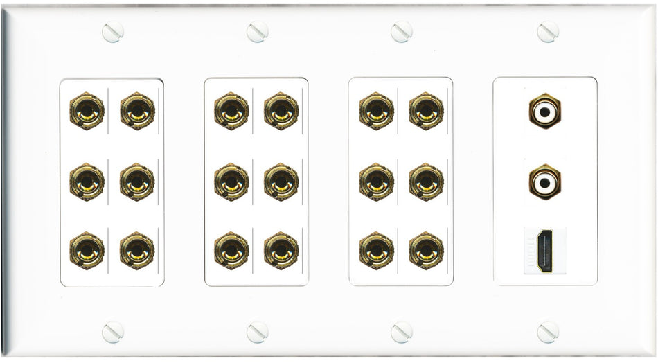 RiteAV 9.2 Surround Sound 9 Speaker 18 Banana Plug Jack Wall Plate w/ 2 RCA Subwoofer + HDMI Female Connectors - 4 Gang [White]