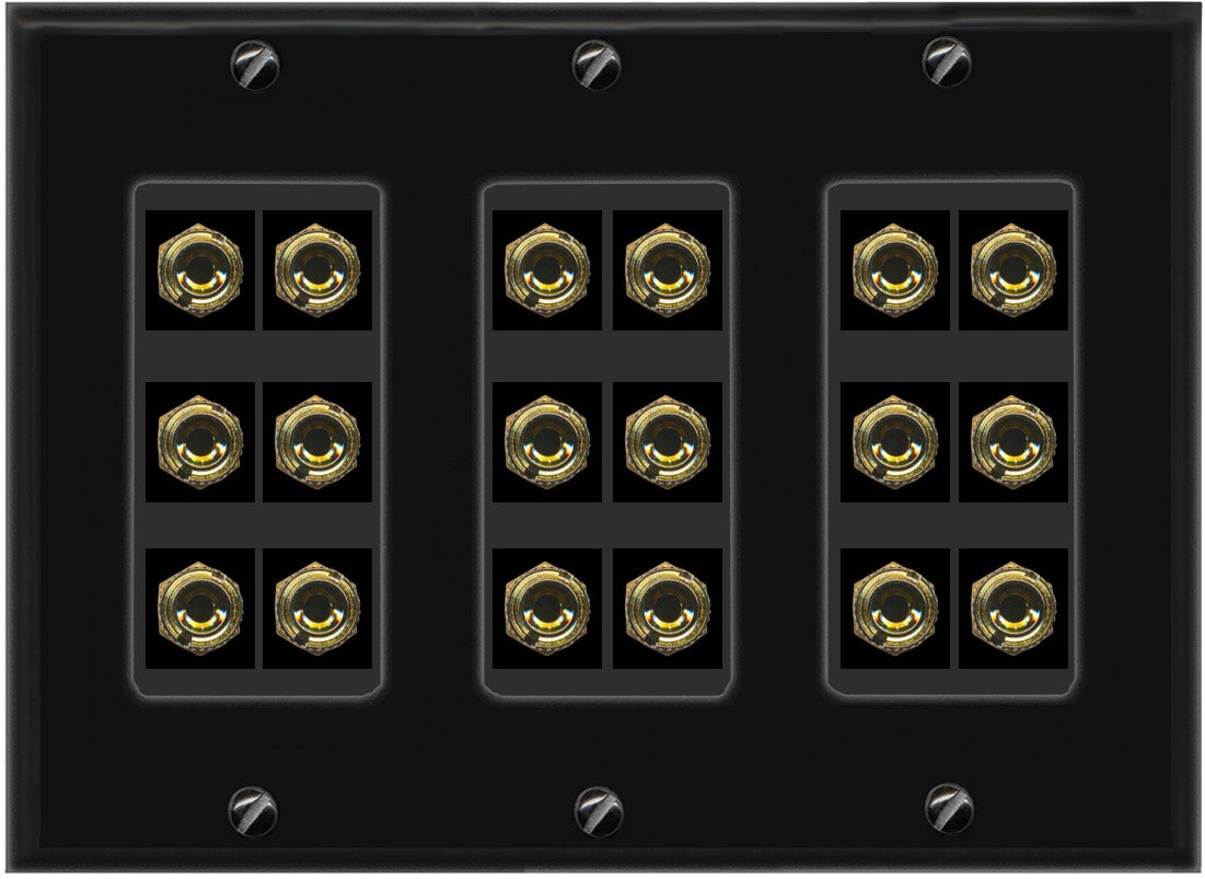 RiteAV 9.0 Surround Sound 9 Speaker 18 Banana Plug Jack Wall Plate Female Connectors - 3 Gang [Black]