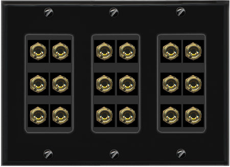 RiteAV 9.0 Surround Sound 9 Speaker 18 Banana Plug Jack Wall Plate Female Connectors - 3 Gang [Black]