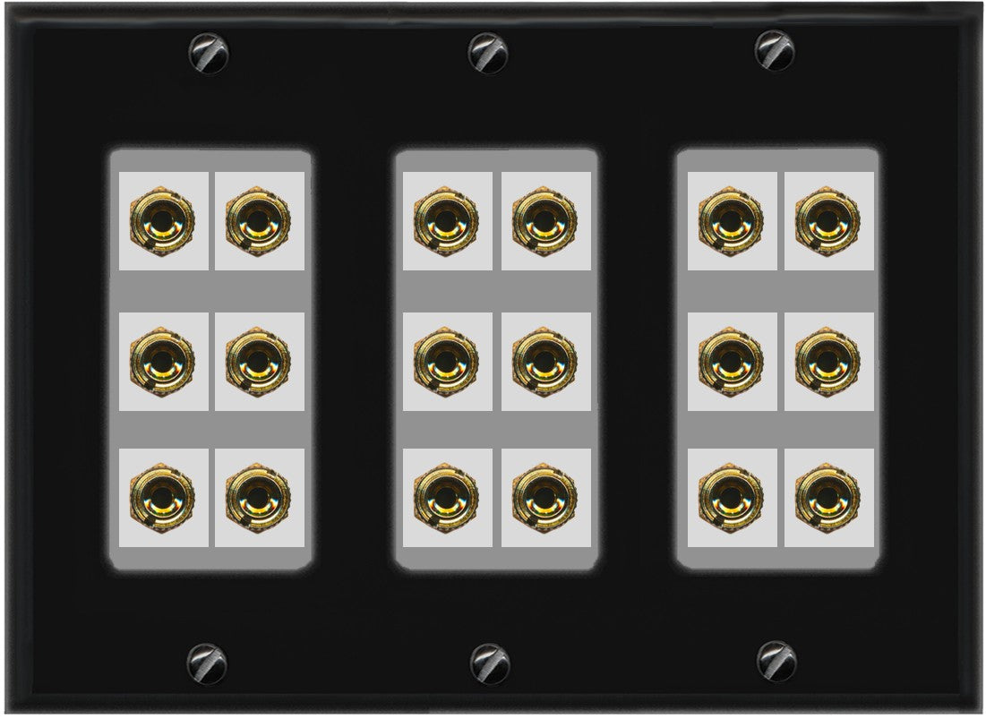 RiteAV 9.0 Surround Sound 9 Speaker 18 Banana Plug Jack Wall Plate Female Connectors - 3 Gang [Black/Gray]