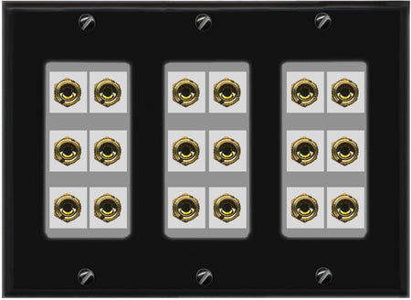RiteAV 9.0 Surround Sound 9 Speaker 18 Banana Plug Jack Wall Plate Female Connectors - 3 Gang [Black/Gray]