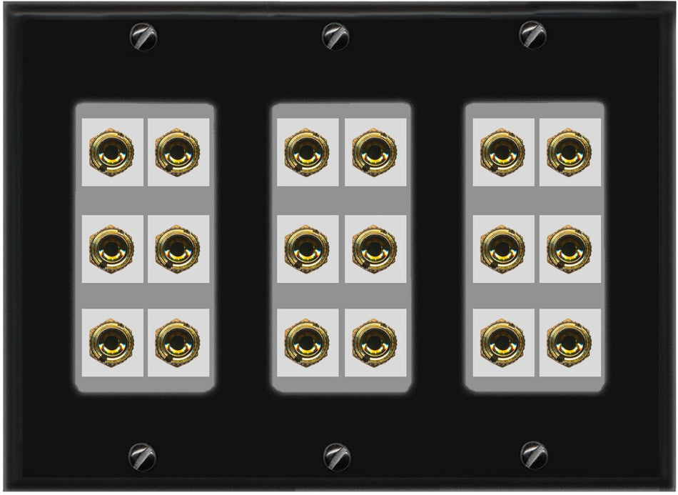 RiteAV 9.0 Surround Sound 9 Speaker 18 Banana Plug Jack Wall Plate Female Connectors - 3 Gang [Black/Gray]