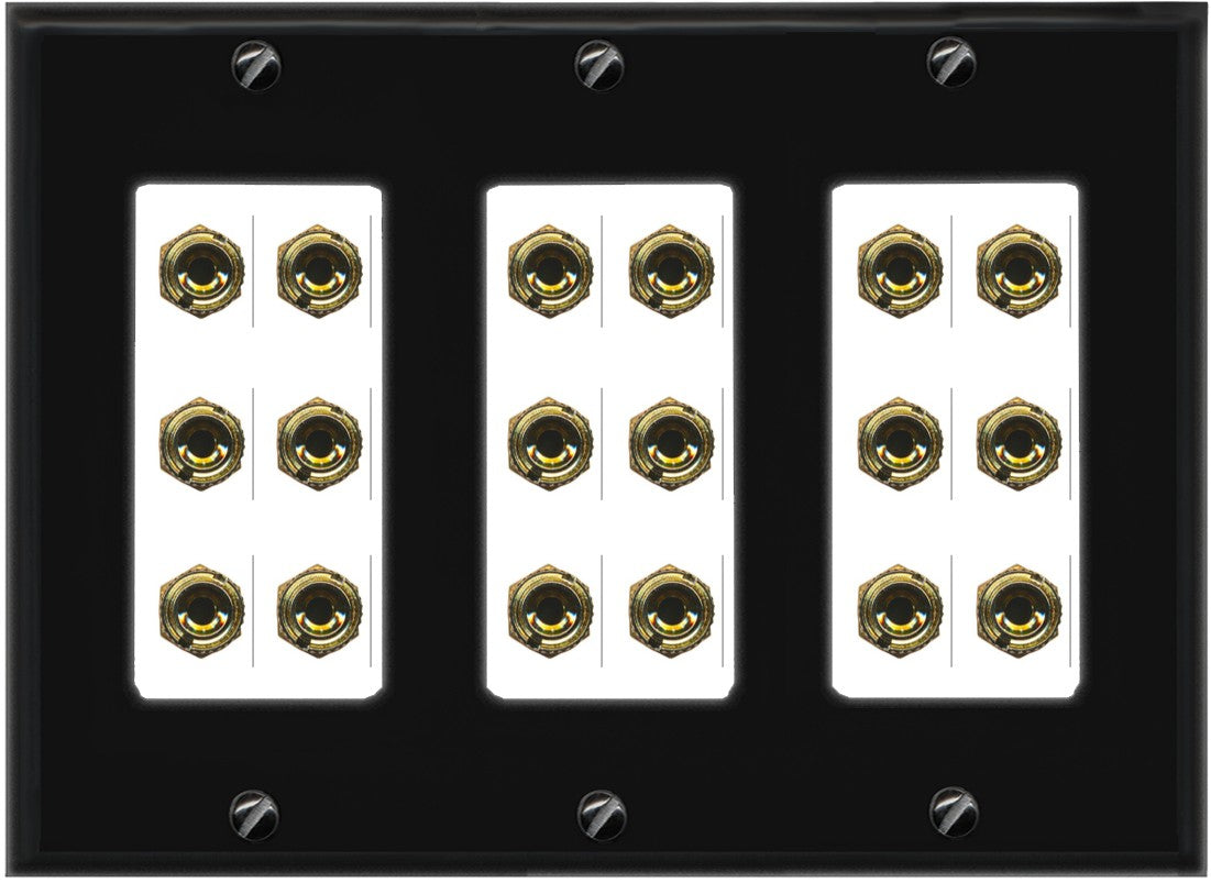 RiteAV 9.0 Surround Sound 9 Speaker 18 Banana Plug Jack Wall Plate Female Connectors - 3 Gang [Black/White]