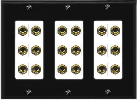 RiteAV 9.0 Surround Sound 9 Speaker 18 Banana Plug Jack Wall Plate Female Connectors - 3 Gang [Black/White]