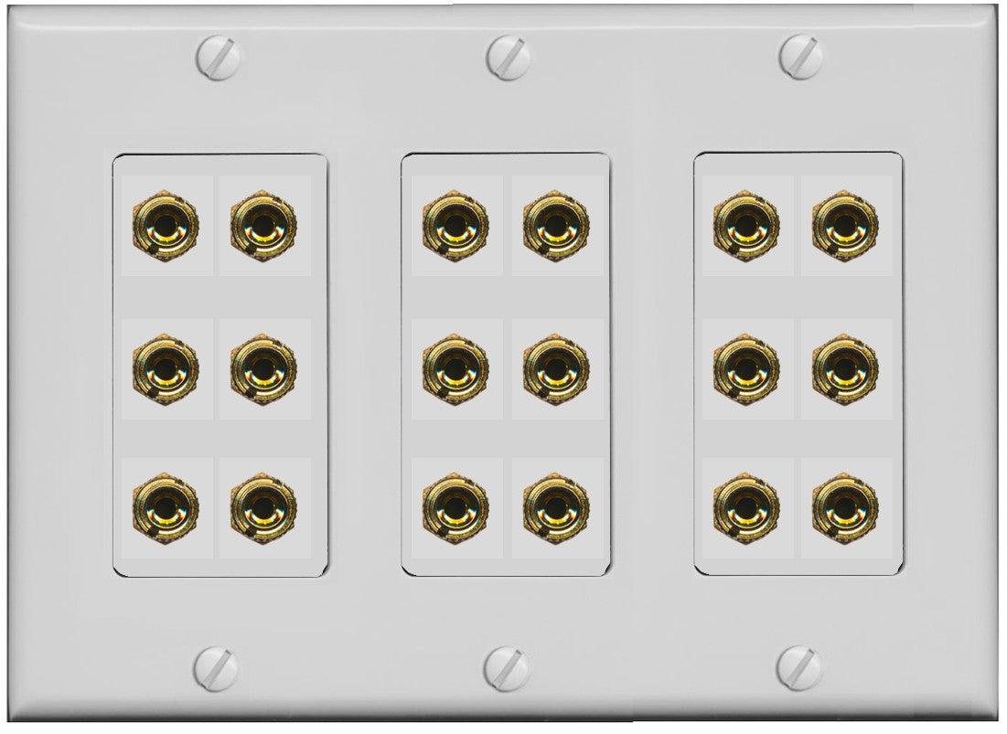 RiteAV 9.0 Surround Sound 9 Speaker 18 Banana Plug Jack Wall Plate Female Connectors - 3 Gang [Gray]