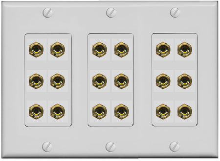 RiteAV 9.0 Surround Sound 9 Speaker 18 Banana Plug Jack Wall Plate Female Connectors - 3 Gang [Gray]